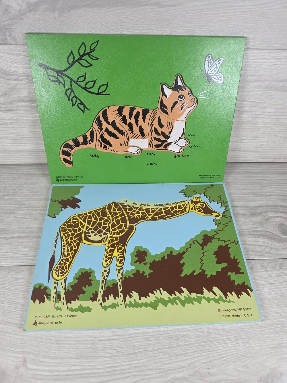 Judy/Instructo Set of 2 Wooden Animal Puzzles Kitten & Giraffe United SU40